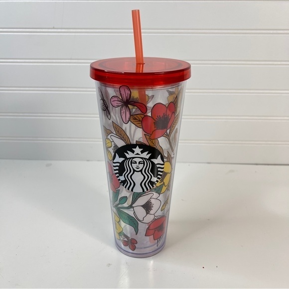 24oz STARBUCKS VENTI POPPY FLOWERS Acrylic Cold Cup Tumbler Red Yellow Orange - Picture 1 of 9